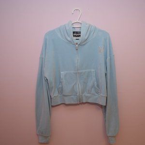 XL Playboy Baby Blue Cropped Sweater with Bunny Zipper and Jewelled Accents